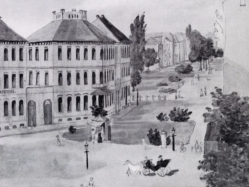 1846-Luise Hildebrand - Veduta da Aegidientorplatz a Georgstraße con la farmacia di Breite Straße